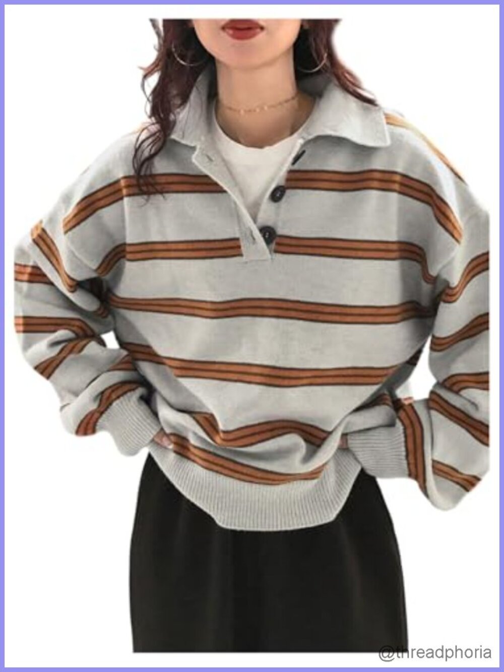 Striped Knit Rugby Sweater Long Sleeve Half Button Drop Shoulder Ribbed Pullover
